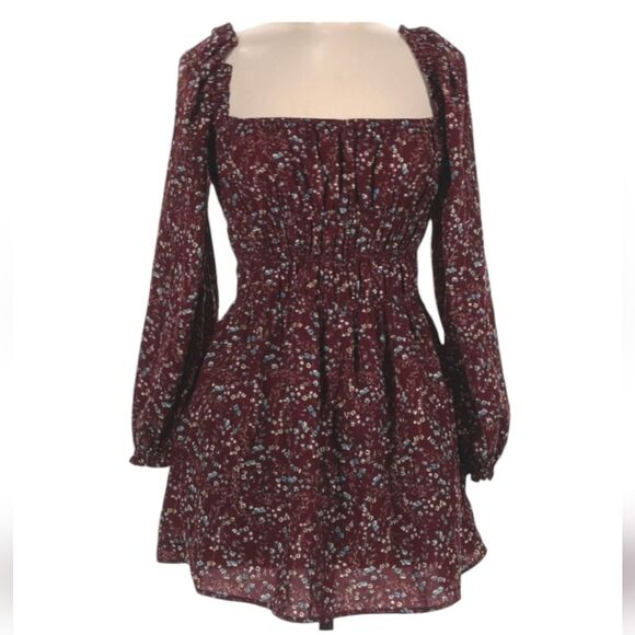 Reset By Jane Square Neckline Floral Burgundy Mini Long sleeve Dress La… - Picture 1 of 11